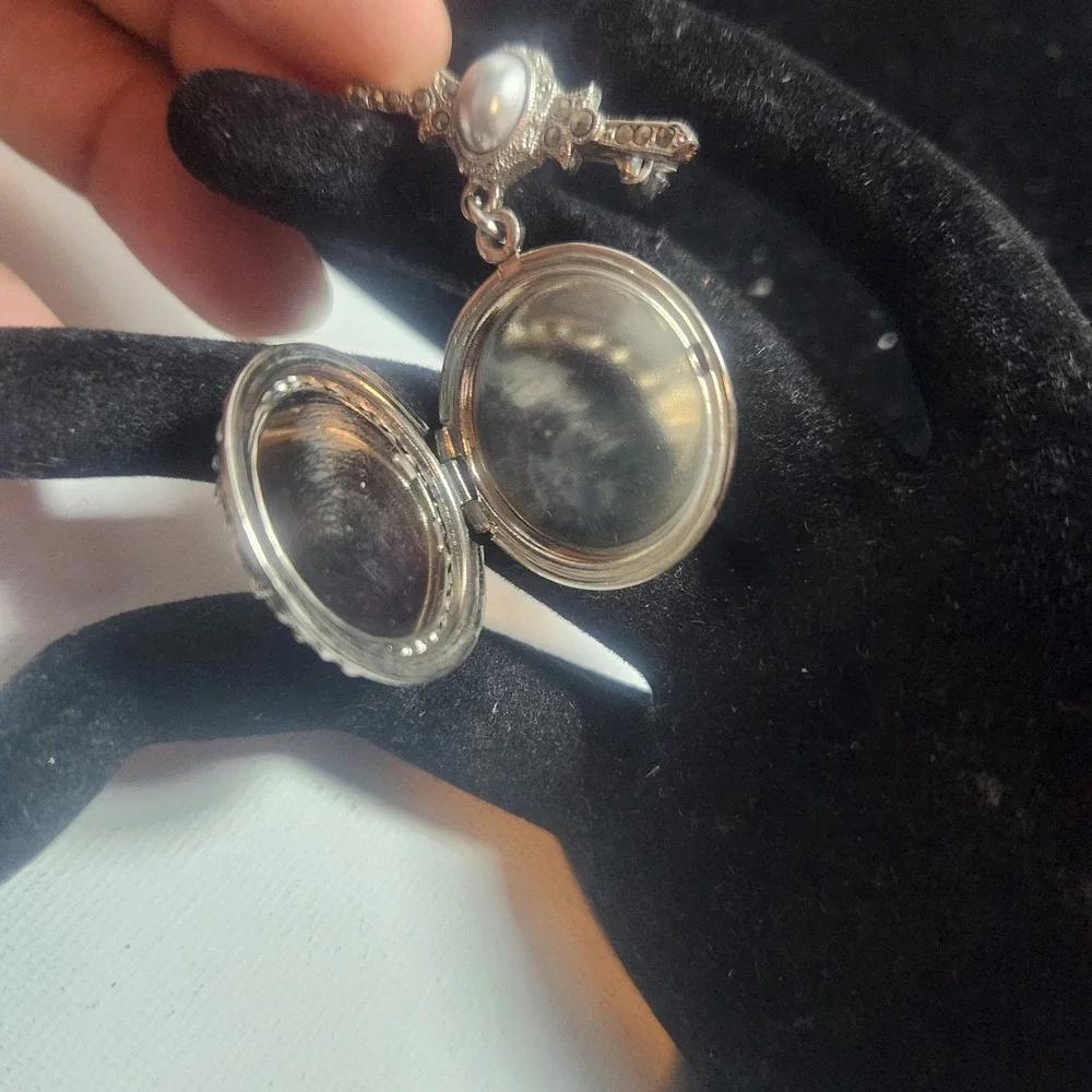 Vintage Marcasite glass Pearl Filigree Locket Brooch Silver Tone Victorian Style
